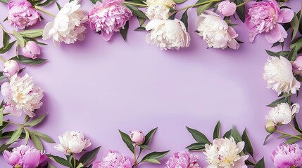 Empty feminine lilac purple peony flowers frame on graceful lilac background, for sign design, wedding invitation, cosmetic product, Mother's Day, Valentine, Woman's Day mock up with copy space.