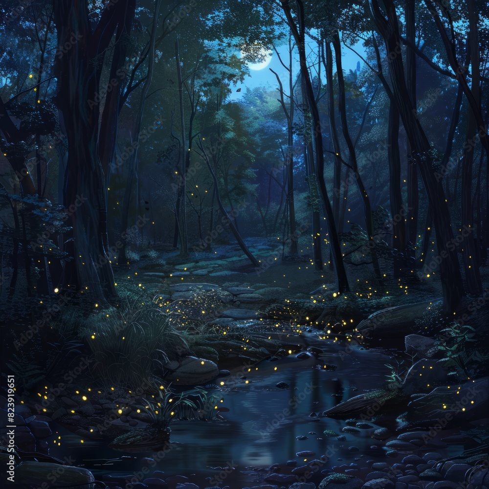 Wall mural A forest at night with fireflies in the water