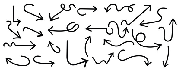 collection hand drawn curvy vector arrows set icons. Doodle set of pencil drawing arrows. Abstract arrows - stock vector.