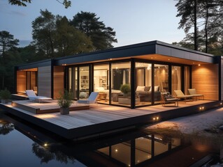 Fototapeta premium Family Relaxes in Lakeside Home at Dusk