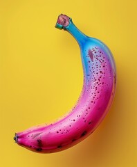One pink and blue funky pop art banana floating in the air on a yellow background, minimal concept photography.