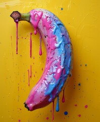 One pink and blue banana, dripping with paint on a yellow background, minimal concept photography.
