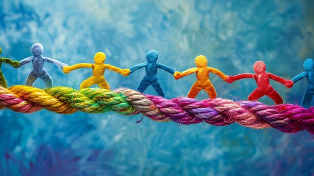 Team rope diverse colored rope tie to sturdy node together, Team Joining, Unity And Teamwork Concept.