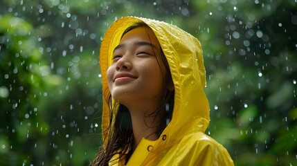 Happy young woman in yellow raincoat enjoy the spring mist rain of nature on the background of green nature forest, concept of beautiful woman enjoy natural slow life, the environment, lifestyle.