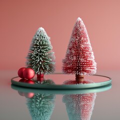 Two Christmas trees made of green grass and red toys, placed on a circular mirror shape, with a pink background, in a minimalist style. New Year celebration. Beautiful romantic concept and aesthetic.