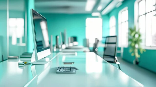 Modern Office Workspace with Teal Walls, Minimalist Desk, Computer, and Keyboard for Professional Backgrounds. Seamless Loop Video. Concept: Modern, Professional, Workspace