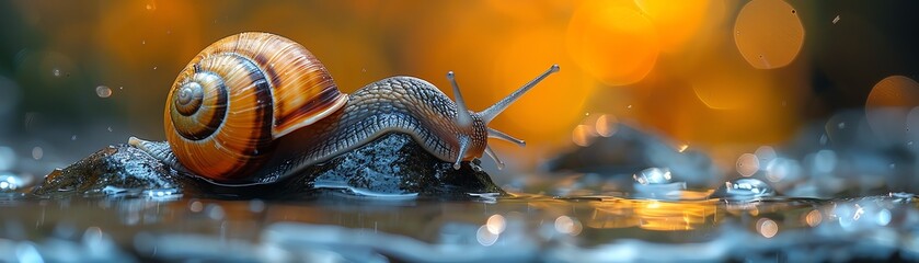 An image of a snail gliding across a wet rock, leaving a trail of slime behind - Powered by Adobe