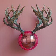 Two dark brown deer antlers and one red disco ball on a pink background, minimal concept photography.  Merry Christmas. New Year. Celebration.