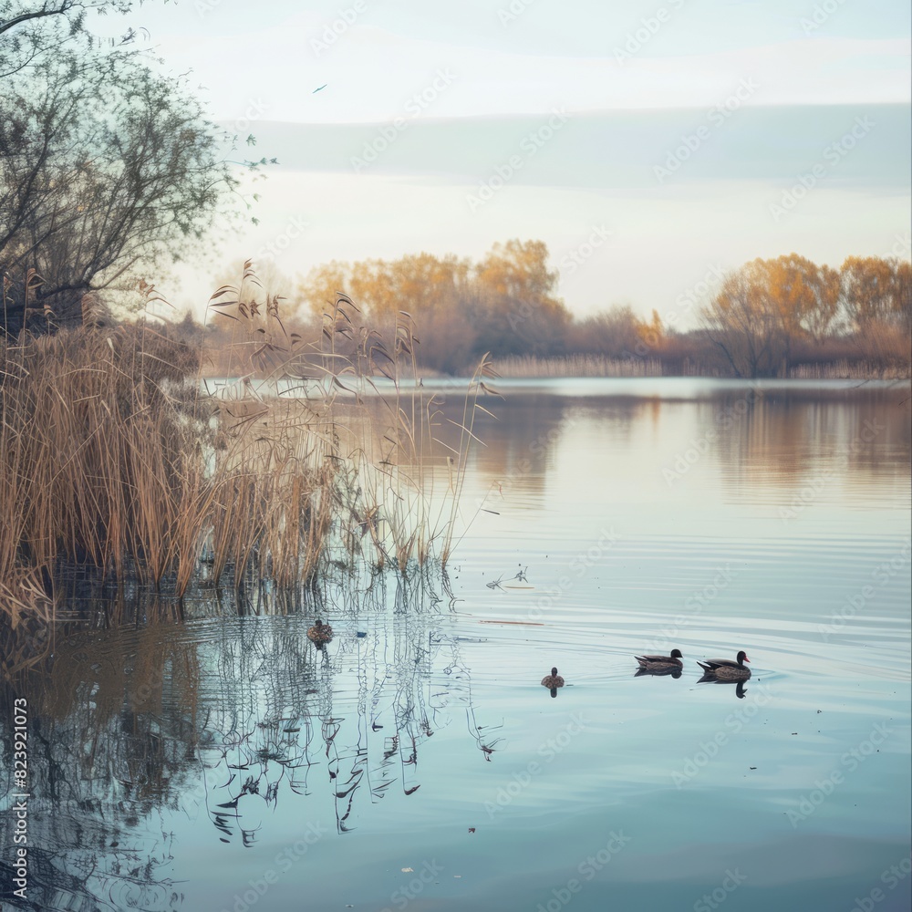 Canvas Prints A calm lake with ducks swimming in it