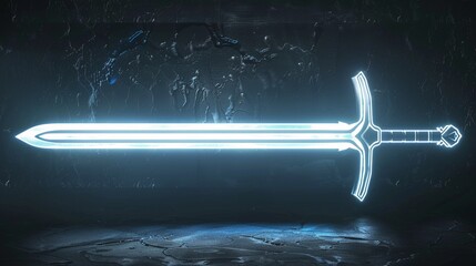 Glowing sword on dark rough rock backgrounds, game scene or fantasy scene of adventure, power, treasure finding, Halloween, dungeon, secret weapon.