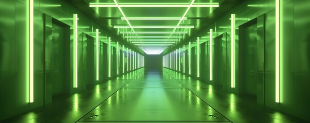 Empty green neon corridor, virtual reality environment, neon light, square portal, tunnel, ultraviolet spectrum, abstract background, laser show, fashion catwalk podium