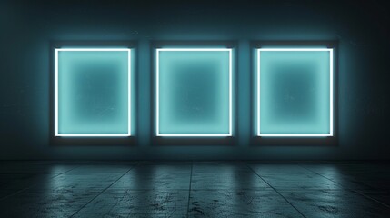 Three white neon glowing blank picture frames on dark navy background for showcase exhibition or display of goods, event signs, mock up of menu, night club, film posters.