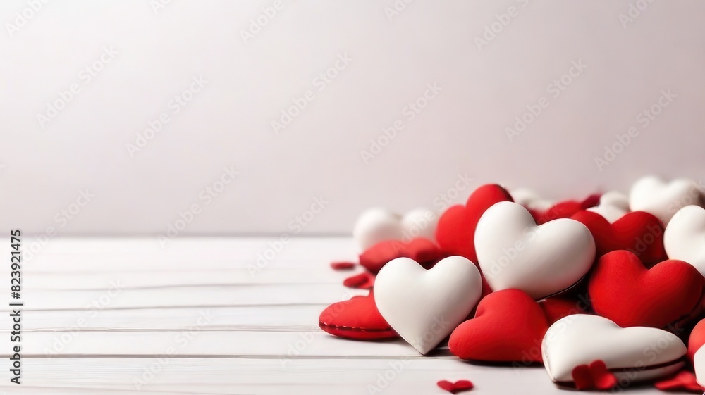 Poster white background with many red and white hearts all around it with empty space in the center