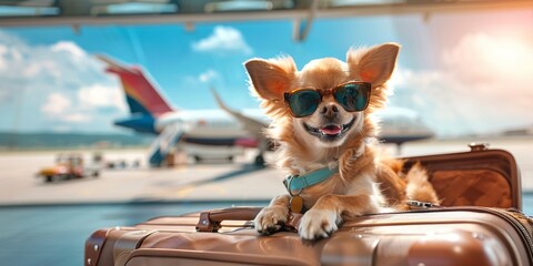 Happy stylish Chihuahua dog puppy on a trip, adorable funny dog sitting in open suitcase on airport background with copy space, concept of traveling, summer holiday, fashion dog, funny dog, happy trip