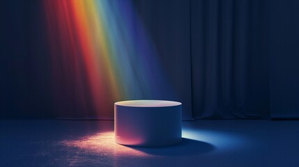 Empty navy display podium with rainbow light ray and reflections on minimal dark blue navy background, show stage pedestal for miracle, fantasy successful product curation and display, with copy space