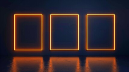 Three orange neon glowing blank picture frames on dark navy background for showcase exhibition or display of goods, event signs, mock up of menu, night club, film posters.