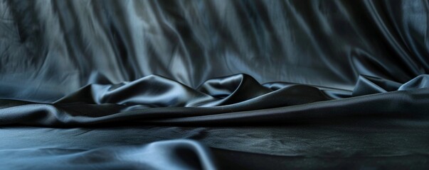 Empty smooth black silk fabric folded cloth background, luxurious fabric textile decoration for poster, banner or cover design, for luxury product display with copy space.