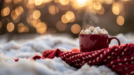 Steaming hot mug of hot chocolate with marshmallow on set of red woolen scarf on snowy blurred glowing backgrounds, concept of cozy scene of winter holidays, Christmas, Merry Christmas Happy New Year