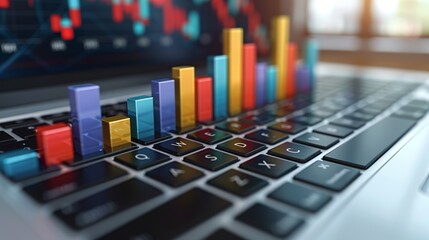 A striking close-up image of colorful bar graphs emerging from a laptop screen, symbolizing modern data visualization and analysis in a technological environment