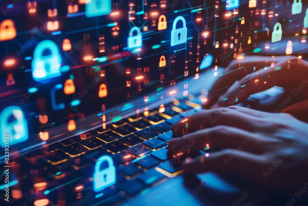 Poster hands typing on laptop with lock icons for secure online data protection and it security