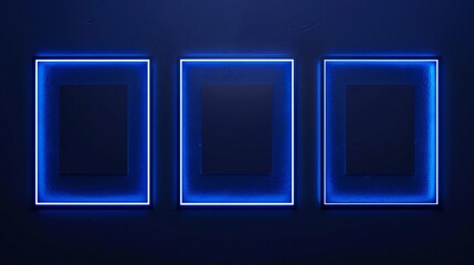 Three blue neon glowing blank picture frames on dark navy background for showcase exhibition or display of goods, event signs, mock up of menu, night club, film posters.