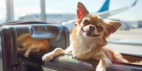 Happy stylish Chihuahua dog puppy on a trip, adorable funny dog sitting in open suitcase on airport background with copy space, concept of traveling, summer holiday, fashion dog, funny dog, happy trip