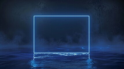 One large neon light glowing blank picture frame on dark background in empty room, for event poster, advertising, fashion modern product display, night club sign frame.