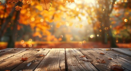 Autumn background with a wood table and blurred golden autumn forest in bokeh