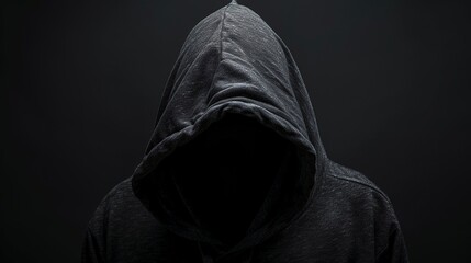 Faceless man in hoodie standing isolated on black, concept of hacker, thief, dark demon, mysterious creature, Halloween character, secret.