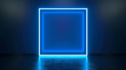 One large blue neon light glowing blank picture frame on dark background in empty room, for event poster, advertising, fashion modern product display, night club sign frame.