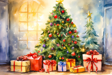 Image of christmas tree with presents under it and window