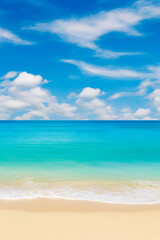Obraz premium Beach with surfboard in the sand and blue sky with clouds