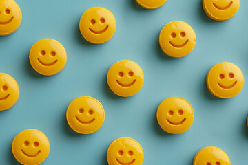 Fototapeta premium Yellow smiley faced pills arranged on a blue background symbolize the potential mood-enhancing effects of antidepressant medication