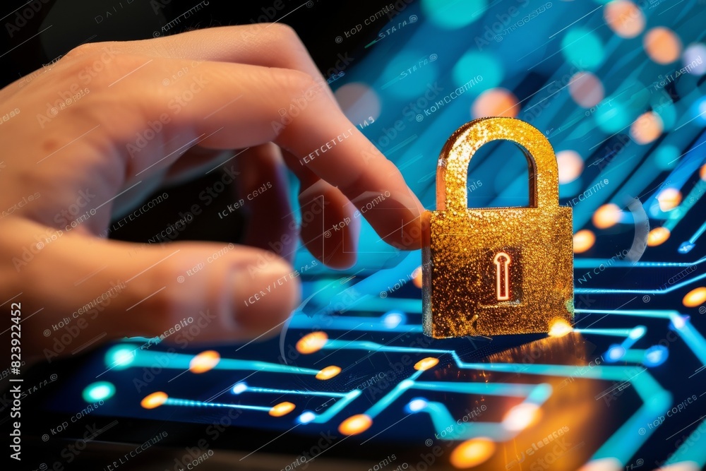 Poster hand touching golden lock on circuit board for secure online data protection and it security