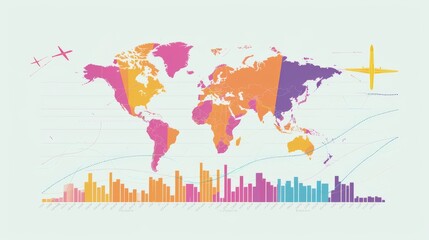 Colorful world map displaying global economic trends with associated graphs and flight paths, ideal for economic studies.