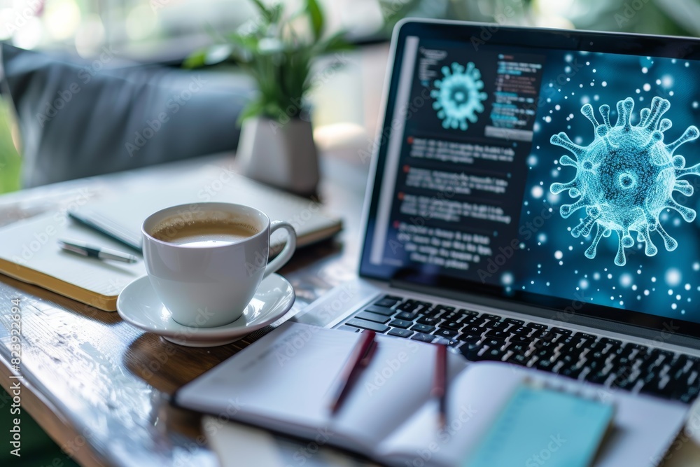 Poster laptop displaying virus tracking website amid coffee cup and notepad for productive workspace concep