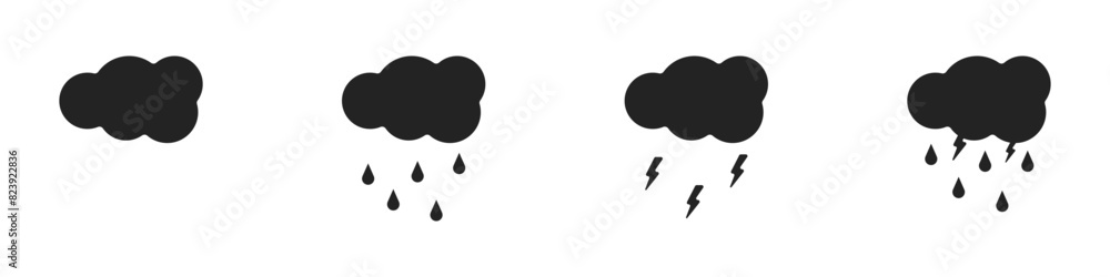Poster cloudy weather vector. weather forecast icons set. collection of clouds with rain and lightning. bla