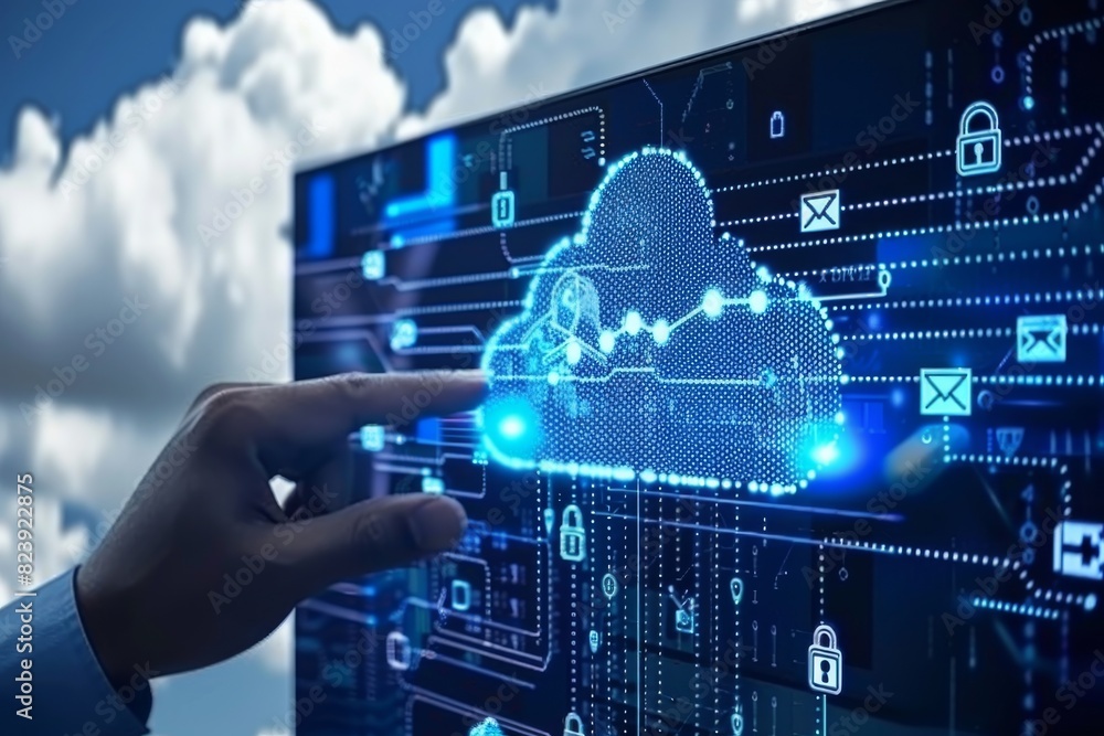 Aufkleber hand pointing at holographic cloud with lock for secure online data protection and it security