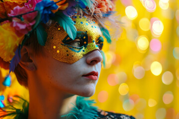 Fototapeta premium Non-Binary Person in Mardi Gras Mask with Colorful Lights with Bokeh