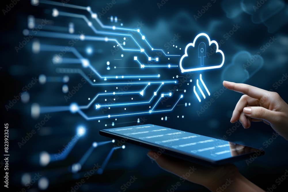 Poster hand pointing at holographic lock for secure online data protection and it security