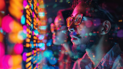 Man Wearing Glasses Looking at Display of Colorful Lights