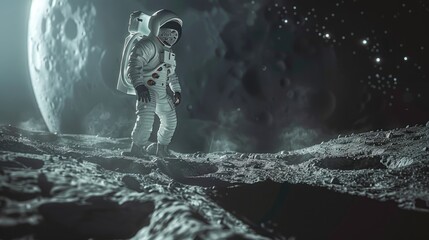Obraz premium Close encounter as astronaut discovers alien artifact on the moon, blending sci-fi elements with mystery. Moon landing