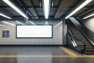 A empty white billboard is on a wall in a subway station