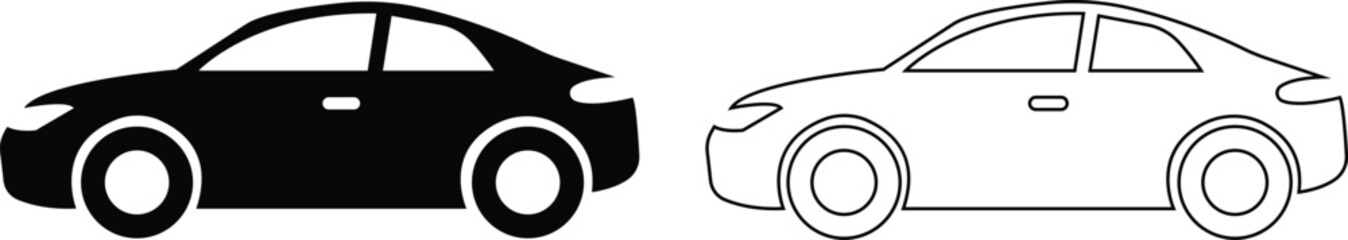 Car icons set. The car from different style vector. Side view black line and flat collection isolated on transparent background. Transportation symbol, traffic sign, travel element for website and app © WaQar