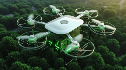 Realistic depiction of a high-tech quadcopter drone flying above a dense green forest, illustrating modern surveillance technology