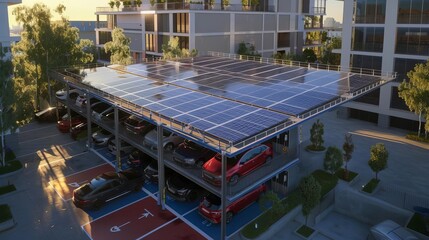 A multistory parking garage with solar panels on the roof, powering lighting and electric vehicle charging stations