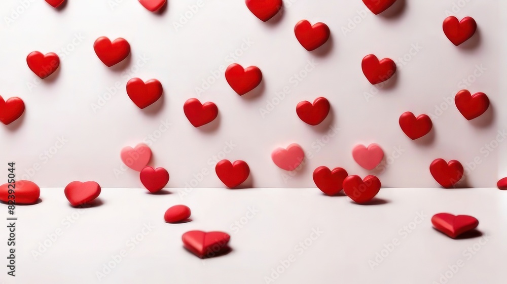 Poster white background with many red and white hearts all around it with empty space in the center