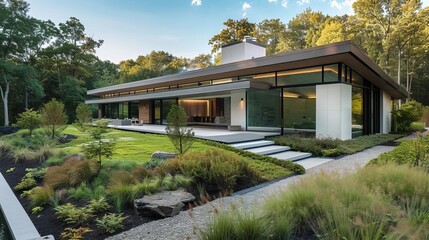 A netzero energy home with a green roof, native landscaping, and a sleek, minimalist design
