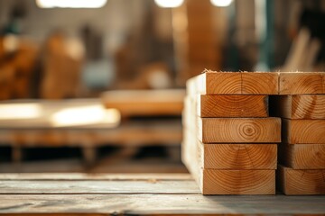 Stacked wooden beams in a carpentry shop