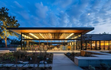 A public library made from recycled concrete and glass, integrating modern design with sustainability principles
